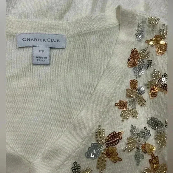 CHARTER CLUB Women's Petite Small White Gold sequined Embellished Sweater - Picture 4 of 9